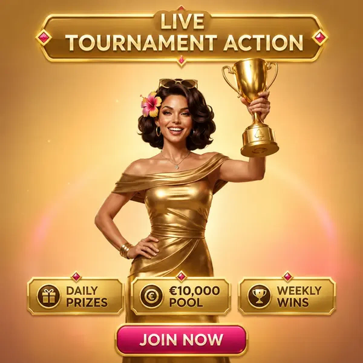 Spieler feiert Turniersieg mit goldener Trophäe im Live Tournament Action Studio