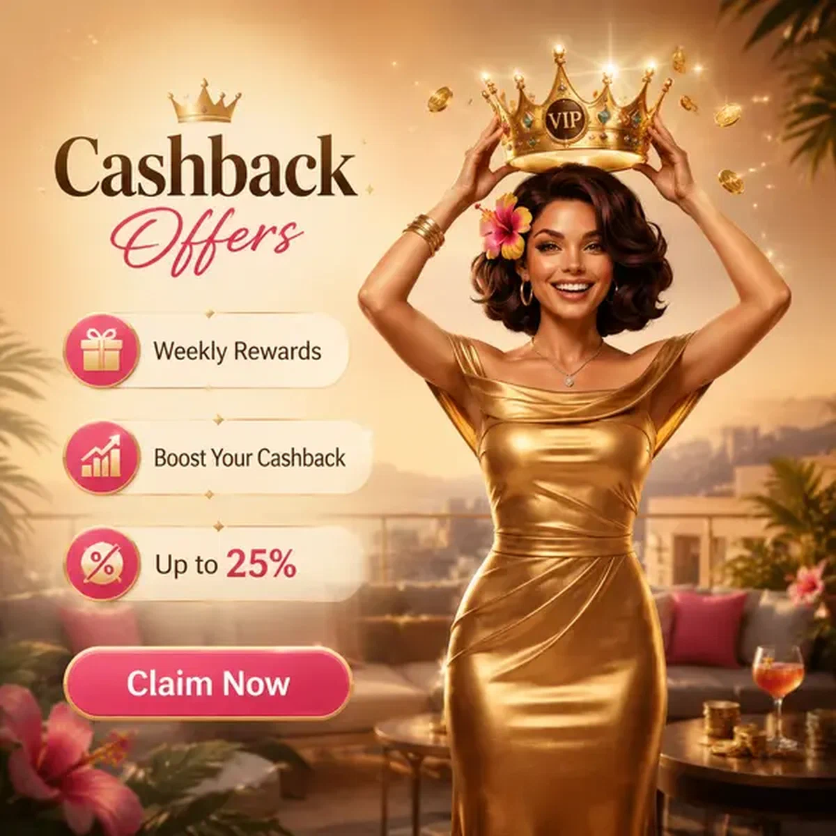 Terrace Queen hält goldene Krone beim Einloggen ins Cashback Ready to Claim VIP-Portal