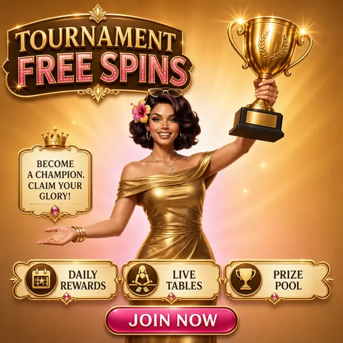 Die Terrace Queen feiert Tournament Free Spins Sieg mit goldener Trophäe auf der Dachterrasse