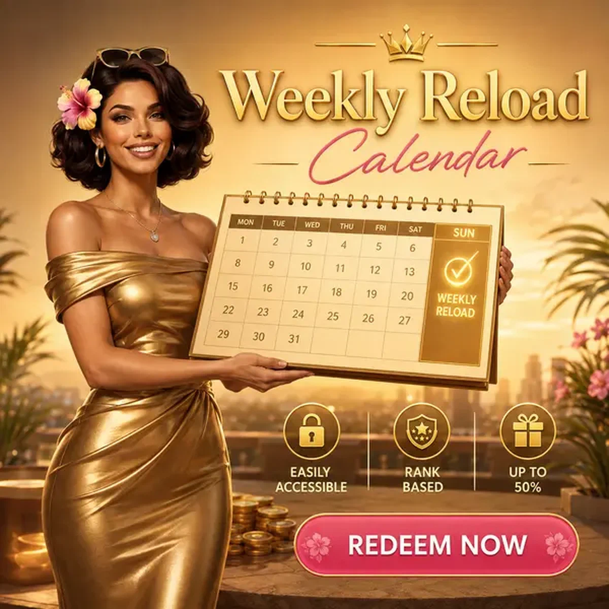 Terrace Queen präsentiert wöchentlichen Reload-Kalender mit Sonntags-Bonusangeboten in eleganter Dachterrassen-Umgebung