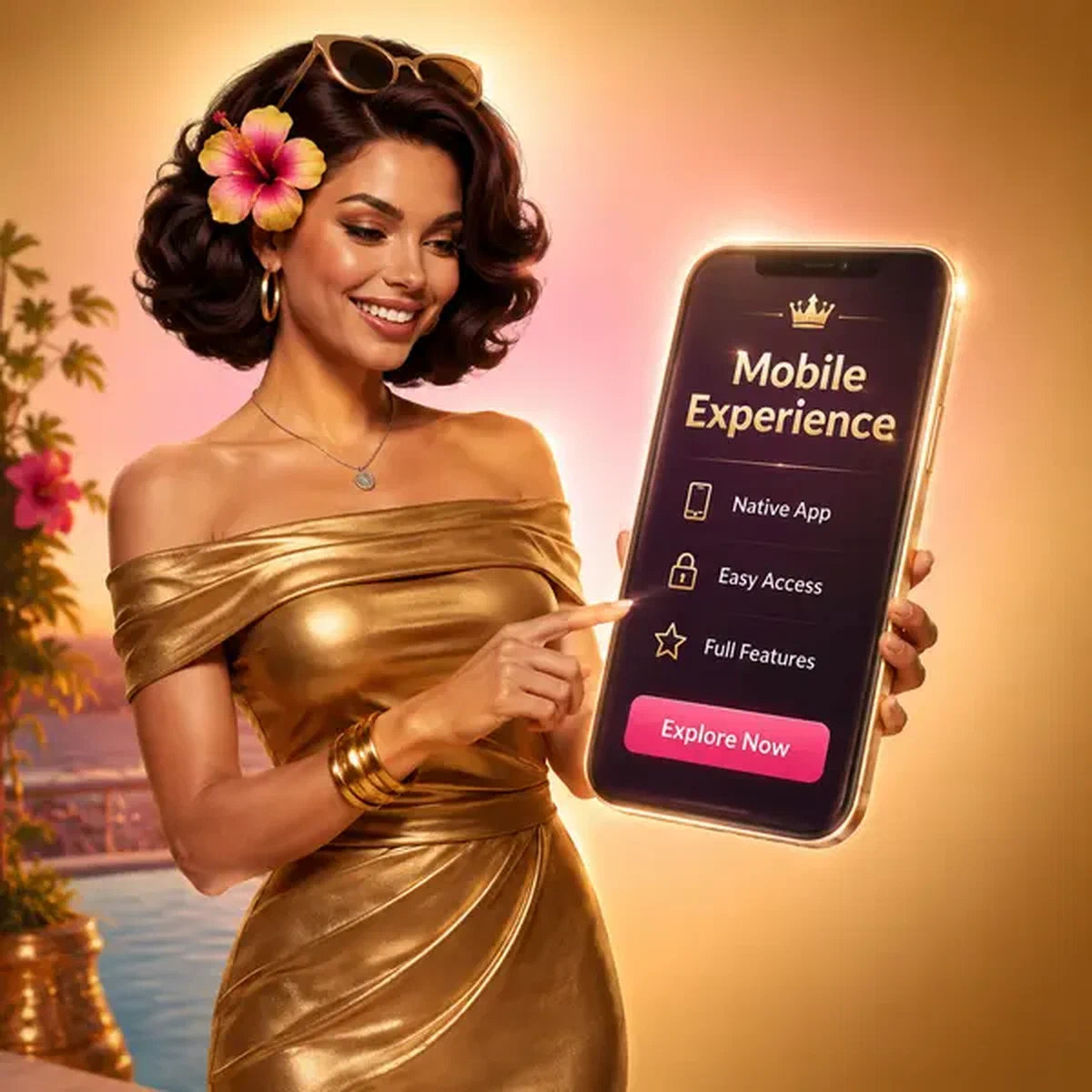 Donna elegante esplora l'app mobile di Billionaire Spin su lussuosa terrazza sul tetto